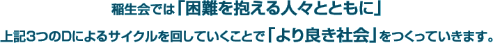 稲生会では「困難を抱える人々とともに」上記3つのDによるサイクルを回していくことで「より良き社会」をつくっていきます。